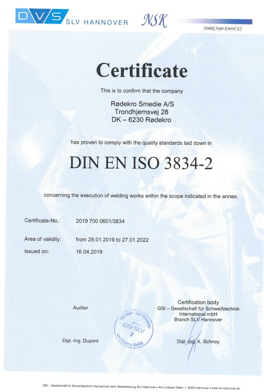 Rødekro Cert. DIN EN ISO 3834-2